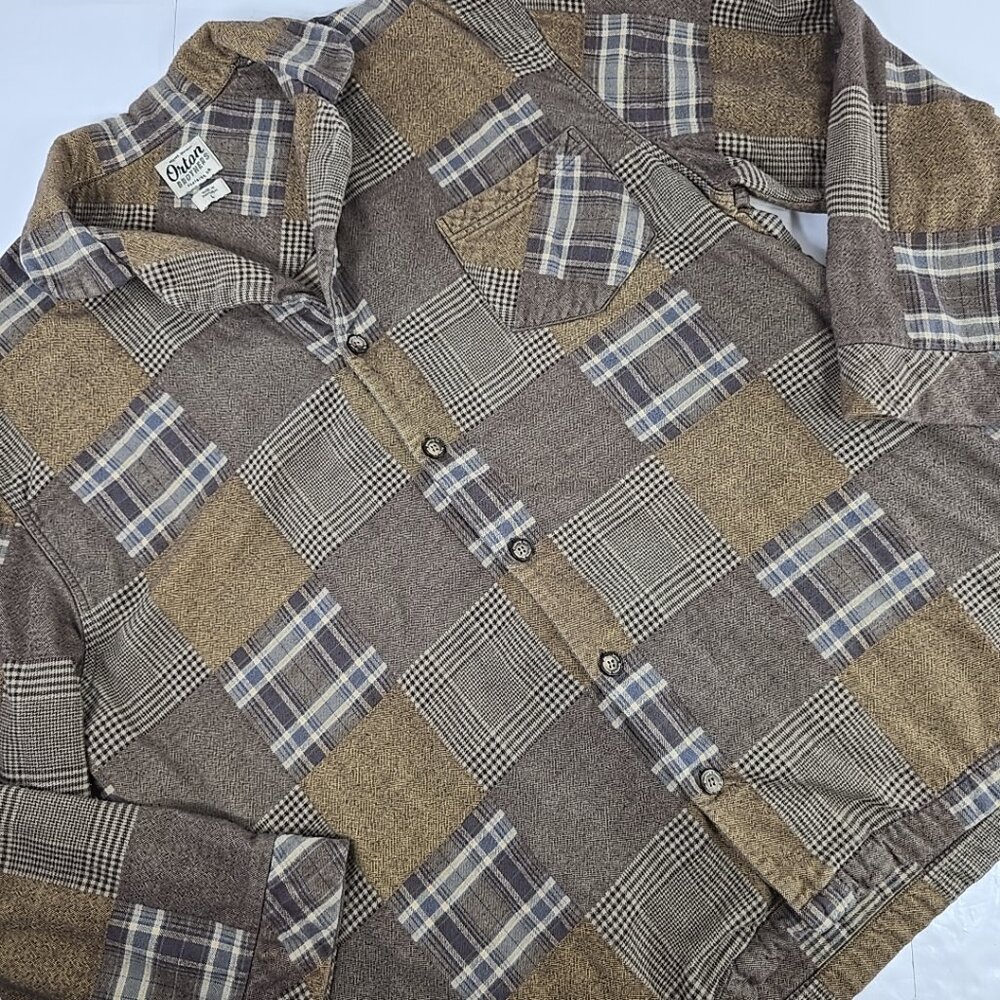 ORTON BROTHERS PATCHWORK BROWN FLANNEL SHIRT MEN'S SIZE LARGE